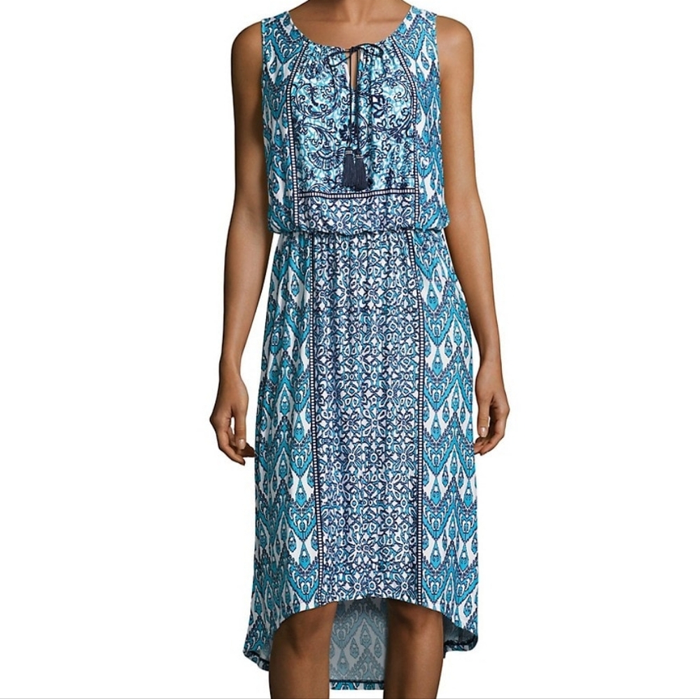 Patterned hi-low dress with tassel drawstrings